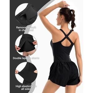 Wenlia Women's Workout Romper — Black | Size Medium | Built-In Padded Bra